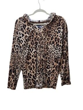 CHAPS RALPH LAUREN leopard Print Long Sleeve Hooded Hoodie Shirt Size XXL